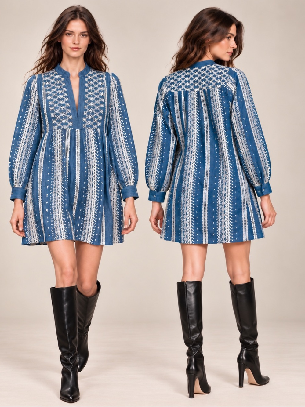 Zara Chambray Mini Babydoll Long Puff Sleeves Dress Floral Embroidered Boho XS